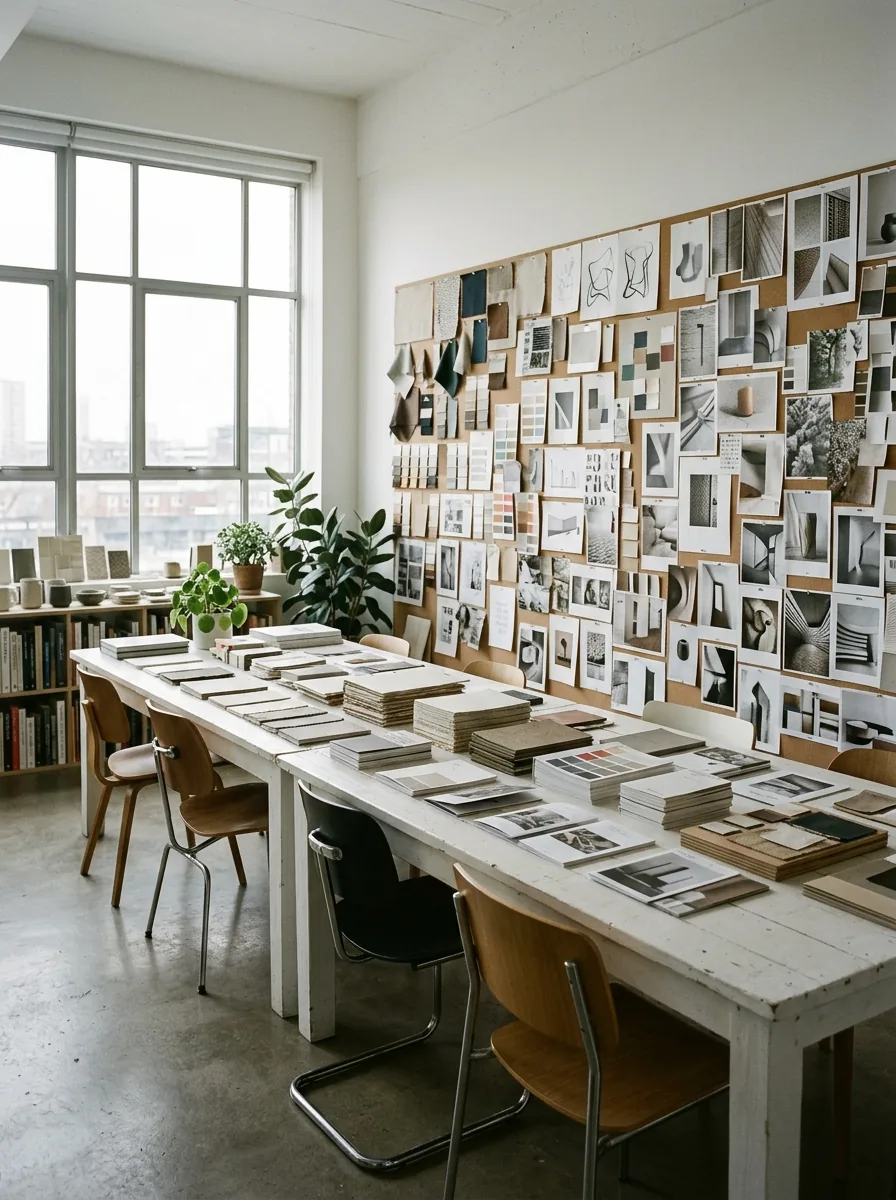 The Halftone studio worktable and mood board wall